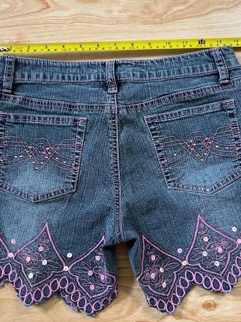 y2k fairy core denim shorts embroidered scallop hem and sequin details